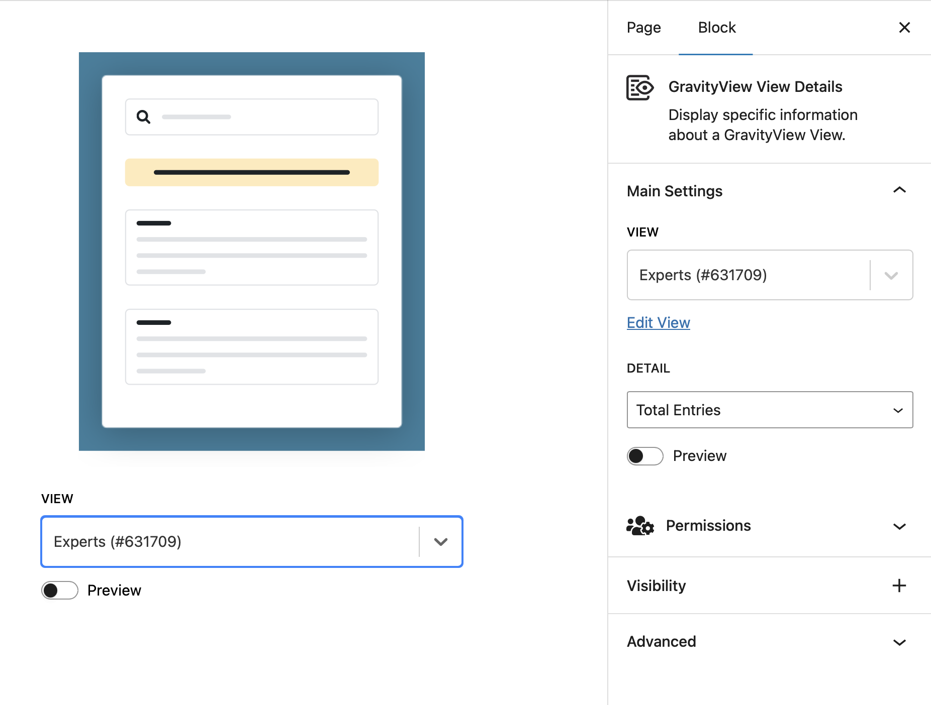 screenshot of an embedded View block with the block editor sidebar visible. The settings described below are visible.