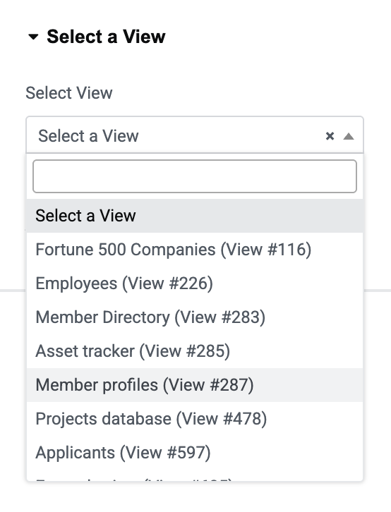 An expanded dropdown showing all available Views