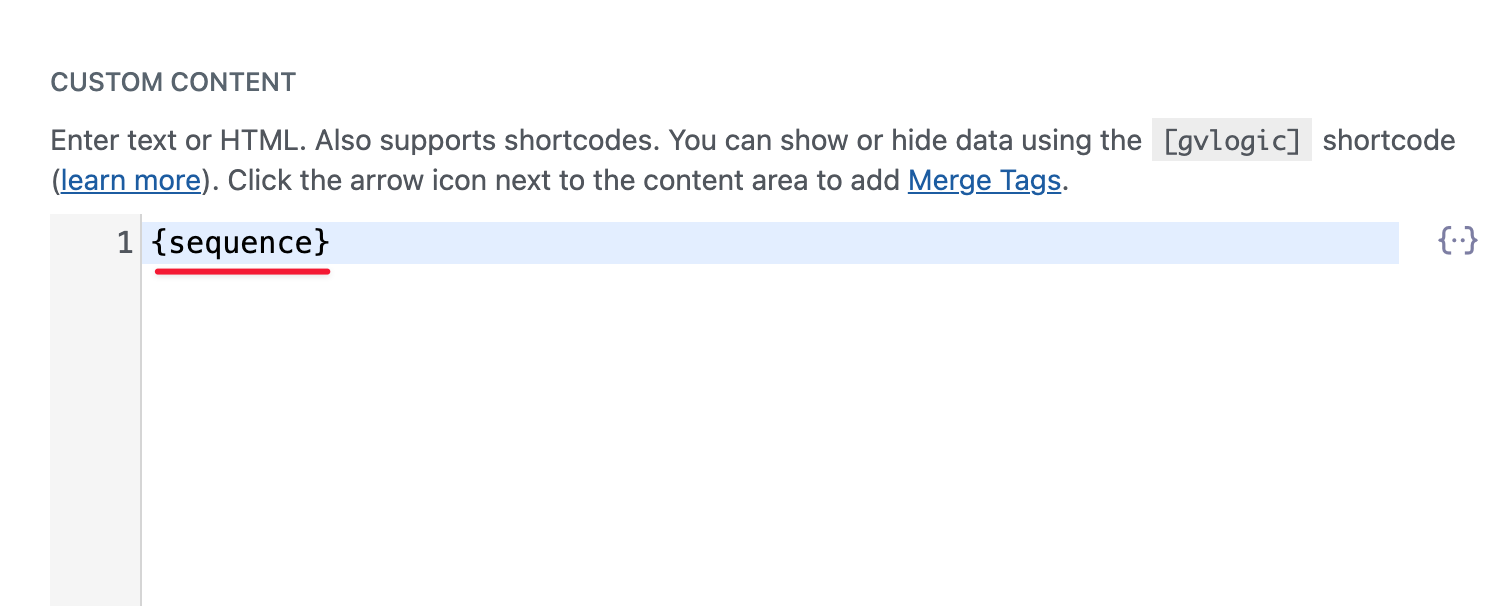 The sequence merge tag inside the Custom Content editor