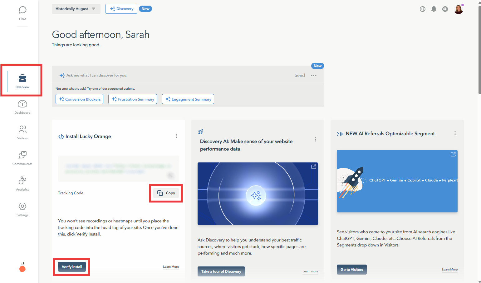 Screenshot showing how to verify your Lucky Orange tracking code was successfully placed on your website
