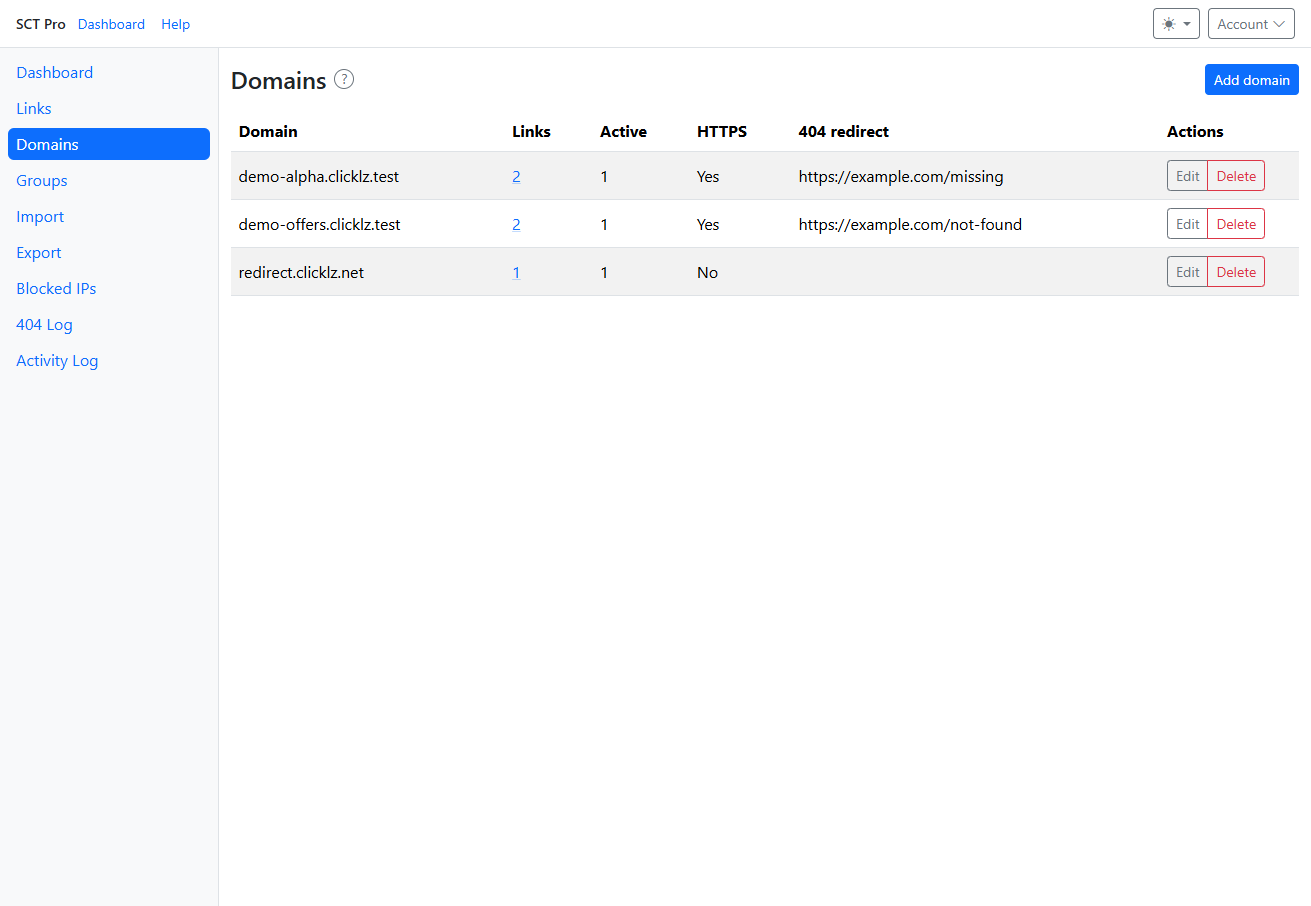 Domains page listing configured domains with links, active, HTTPS and 404 redirect columns