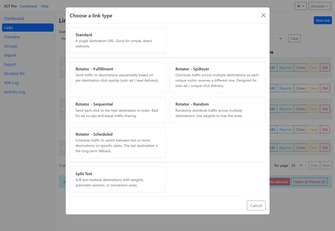 Choose a link type box showing Standard, five rotator options and Split Test