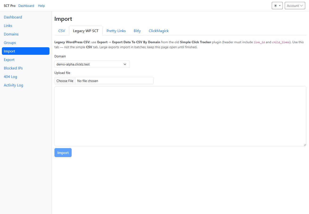 Legacy WP SCT tab showing the required export instructions and upload controls