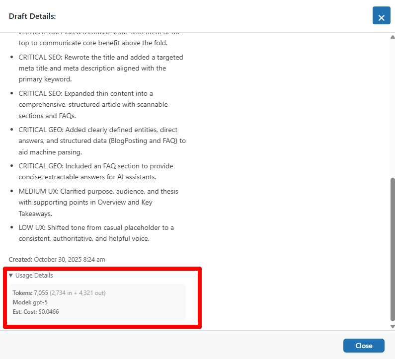 Cost tracking for individual drafts