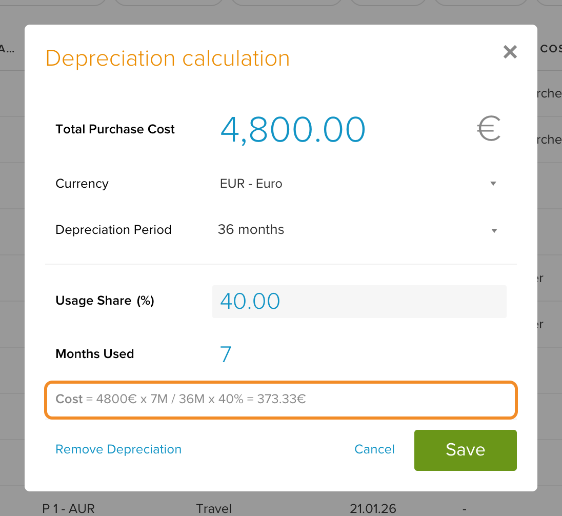 The Depreciation calculation dialog with the calculated cost