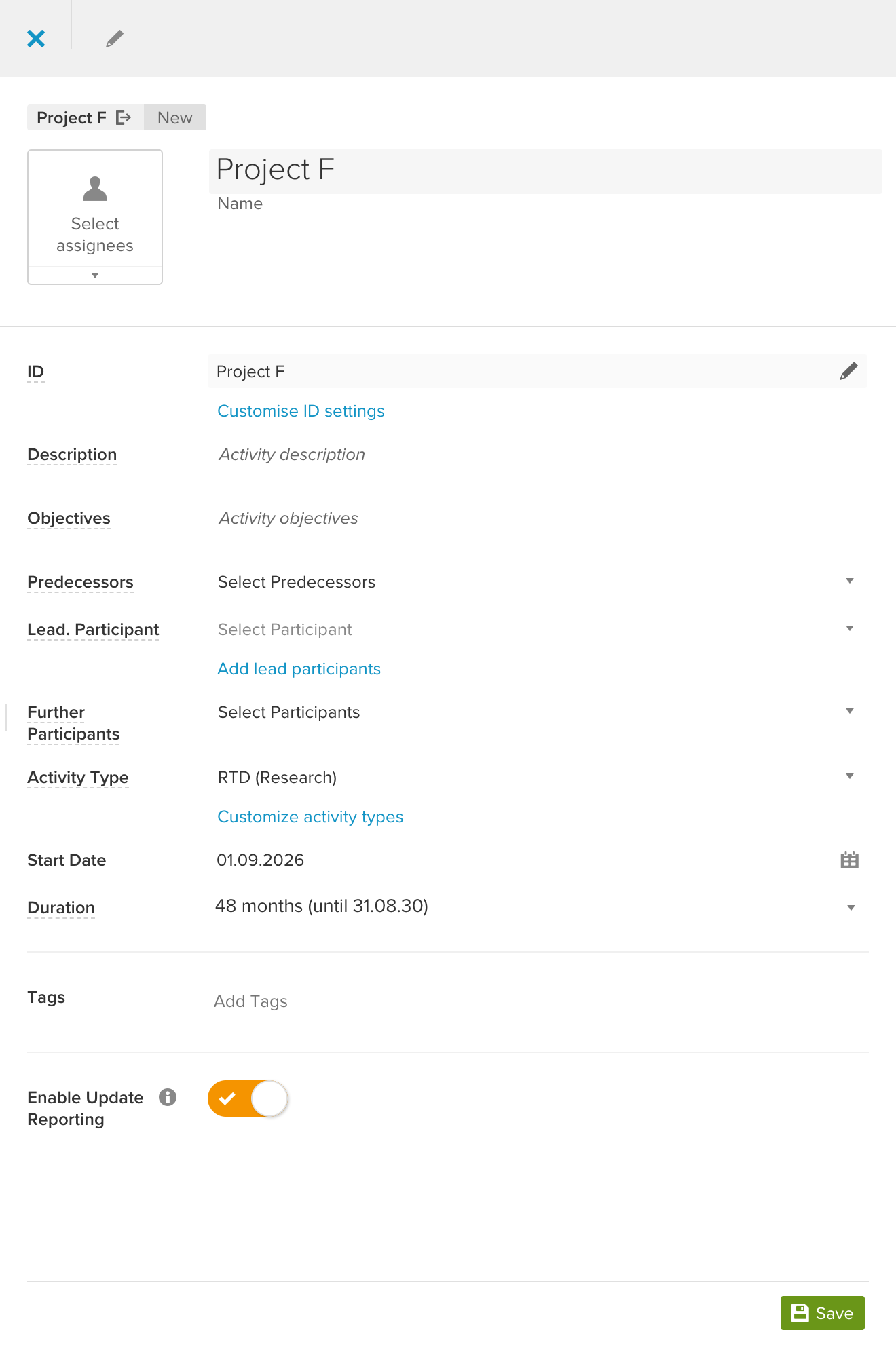 Die Sidebar eines neuen Projekts