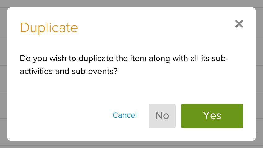 Der Dialog Duplizieren für Elemente mit Sub-Aktivitäten und Ereignissen