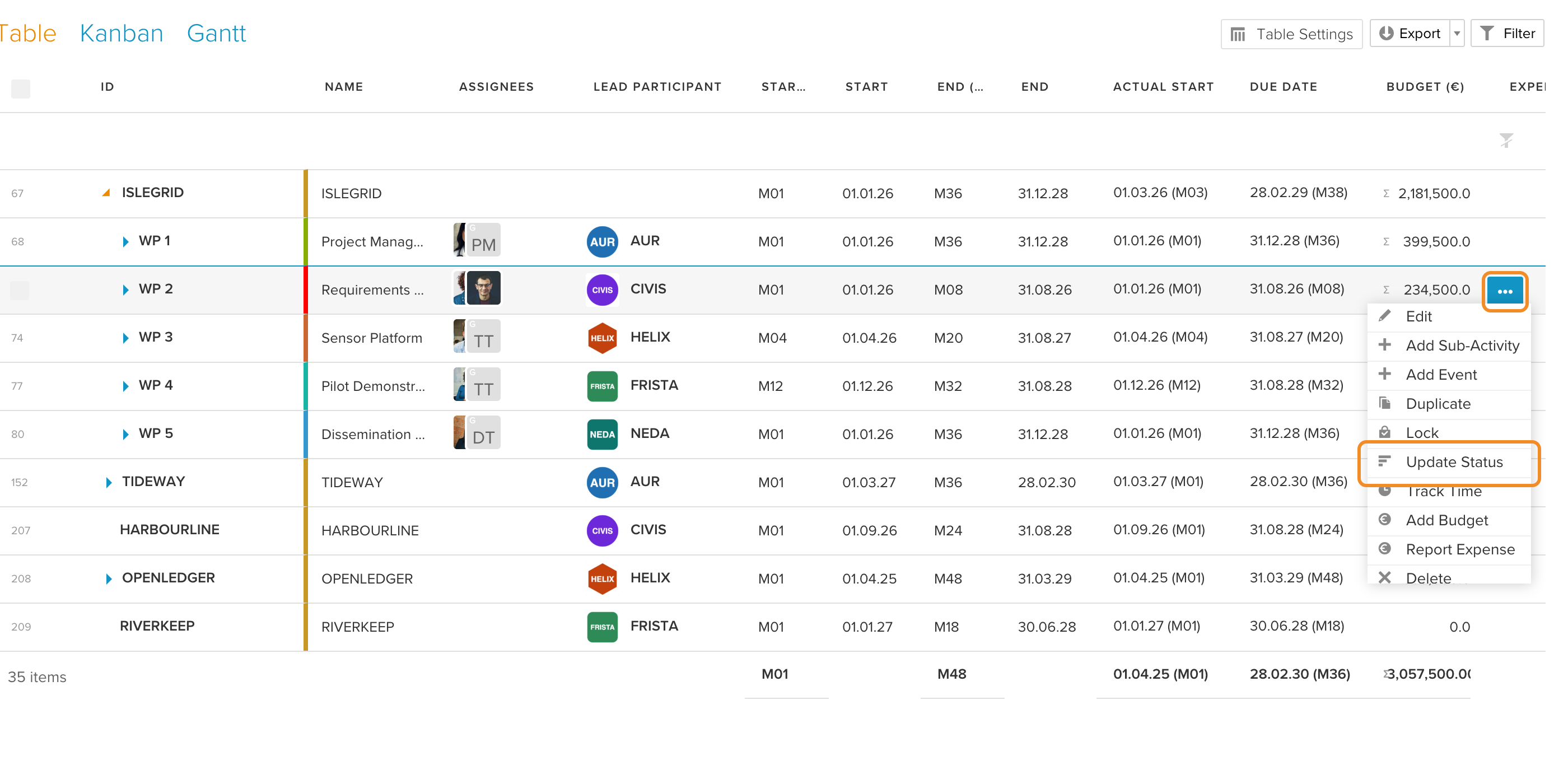 Update Status in the … menu of a row