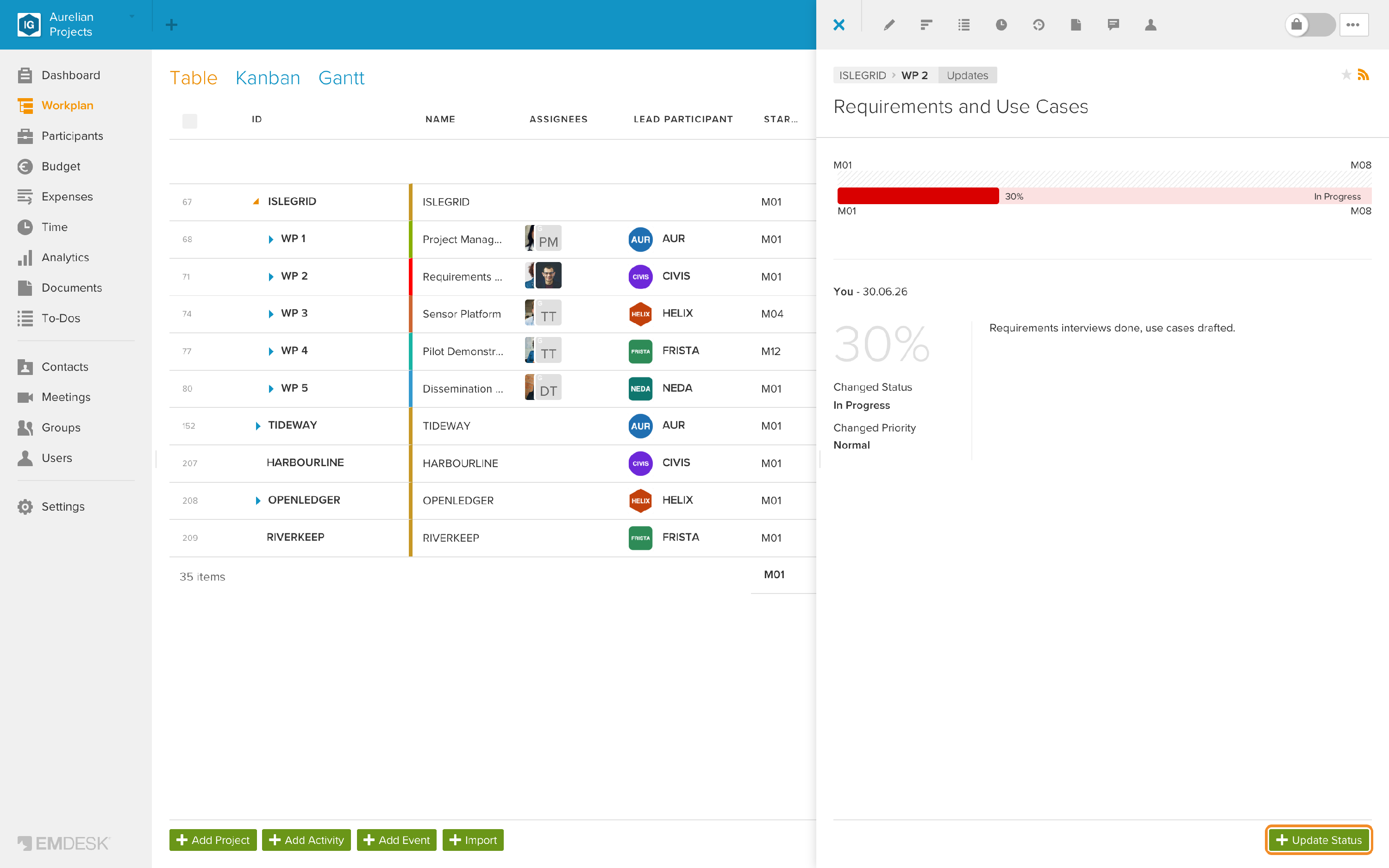 The Updates tab with the + Update Status button
