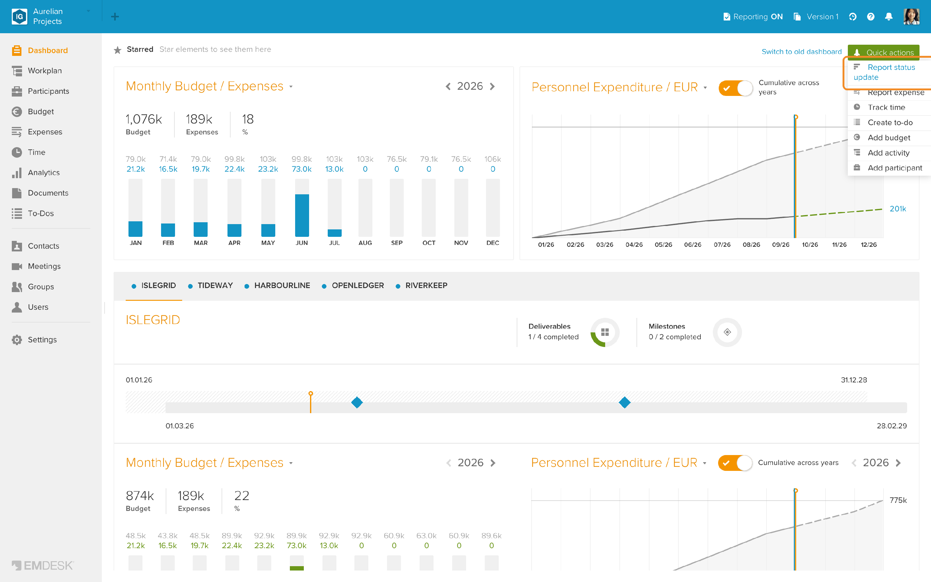 Quick actions › Report status update on the dashboard