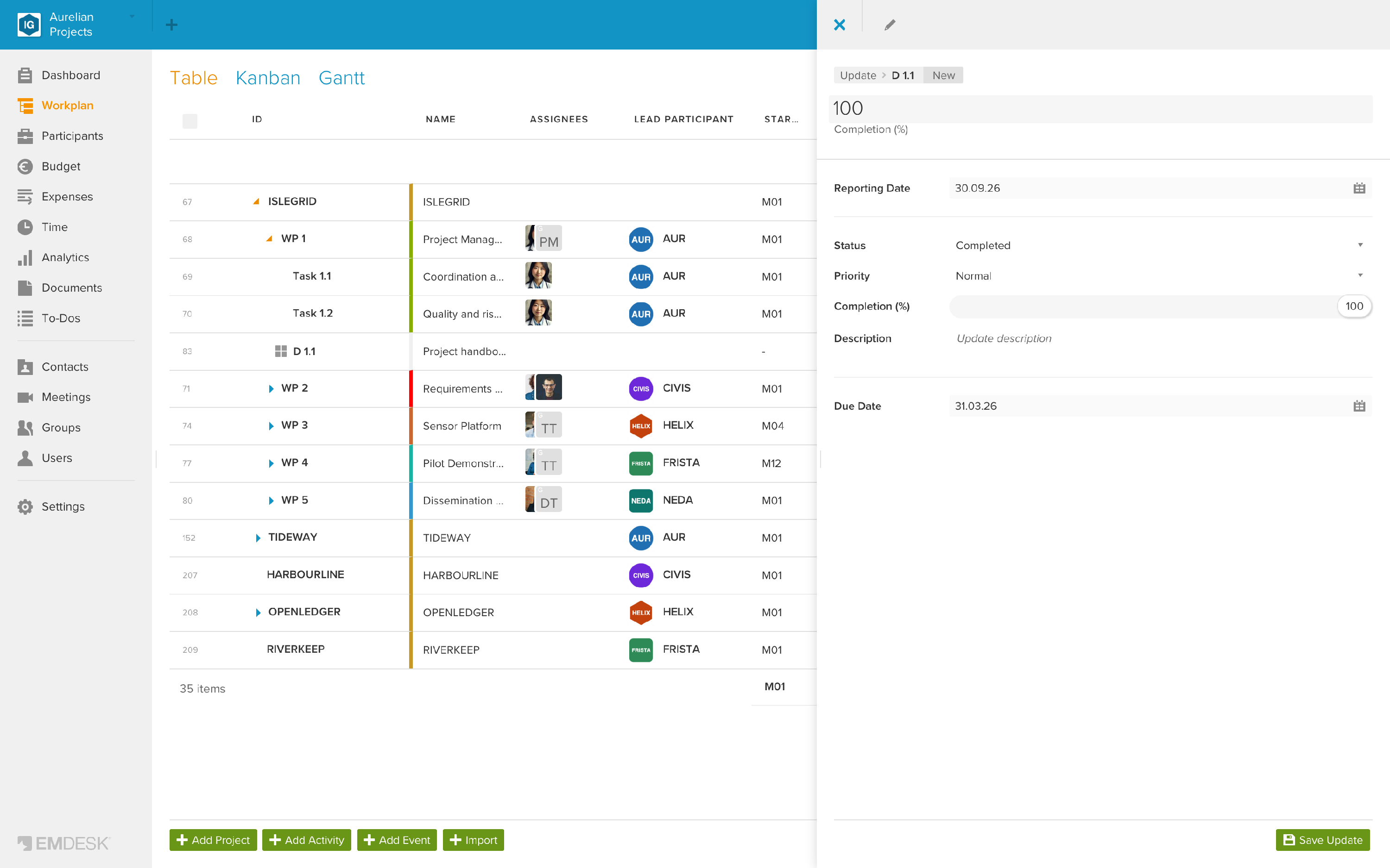 The Update sidebar of a deliverable