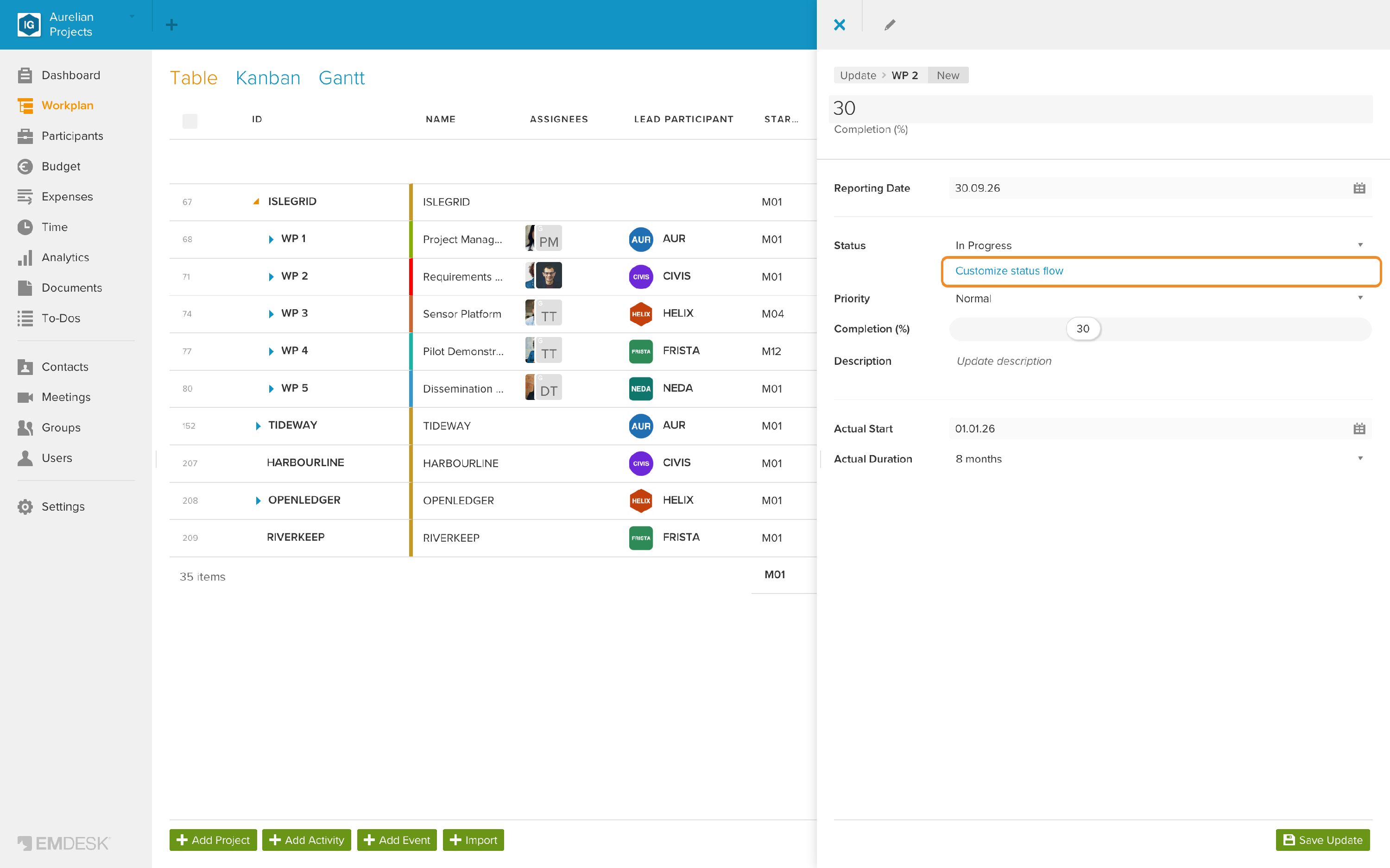 Statusflow anpassen in der Update-Sidebar