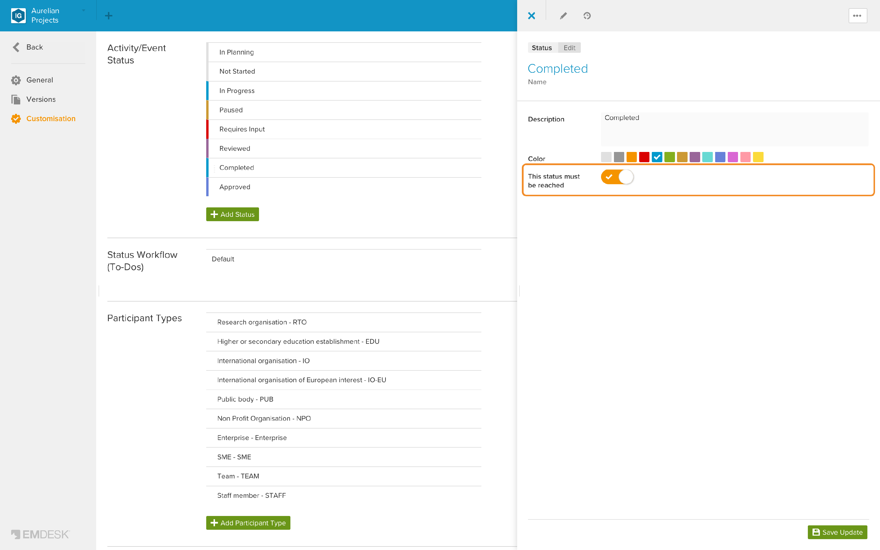 Ein Status in der Sidebar mit „Dieser Status muss erreicht werden“