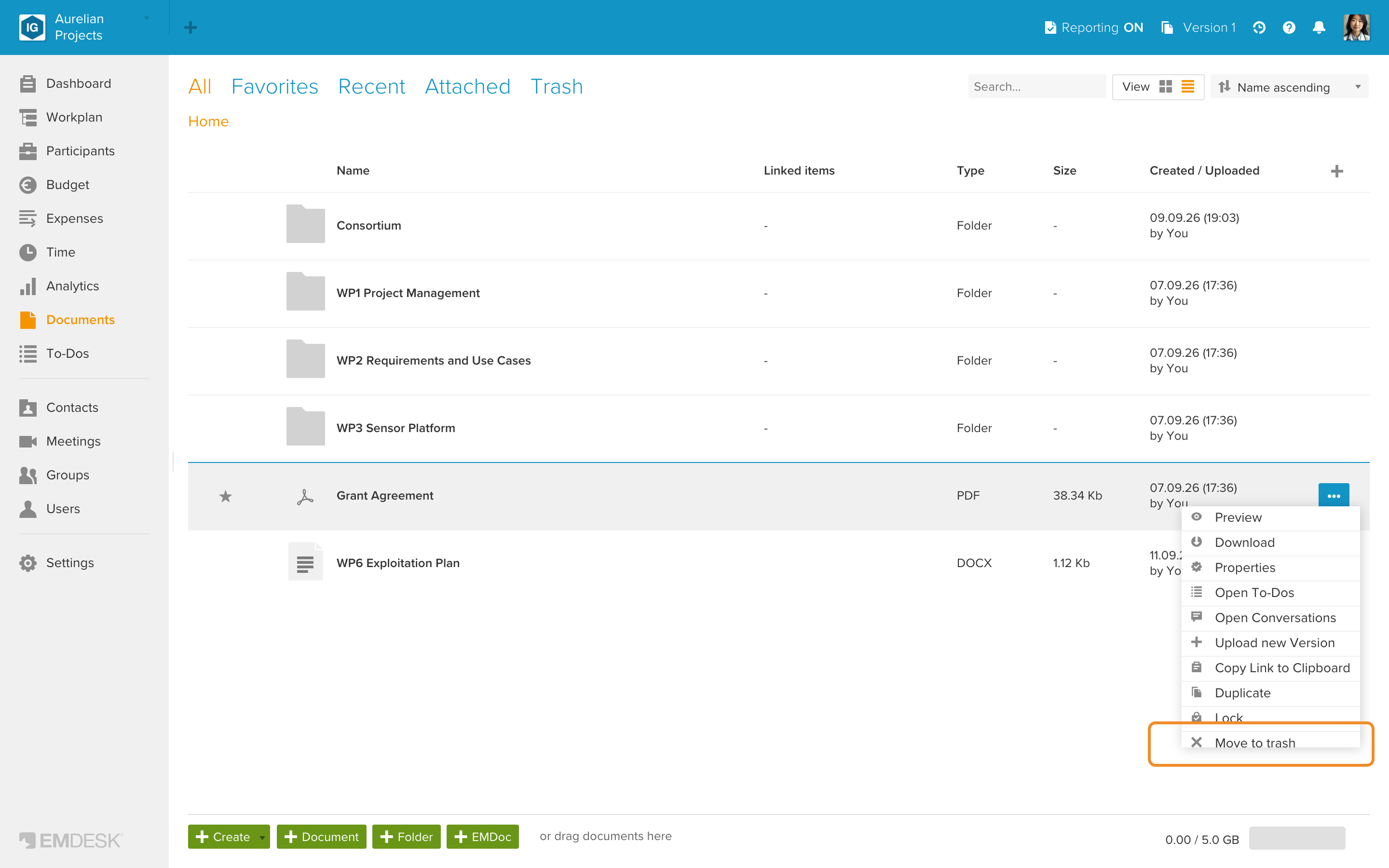 Delete documents, EMDocs, or folders