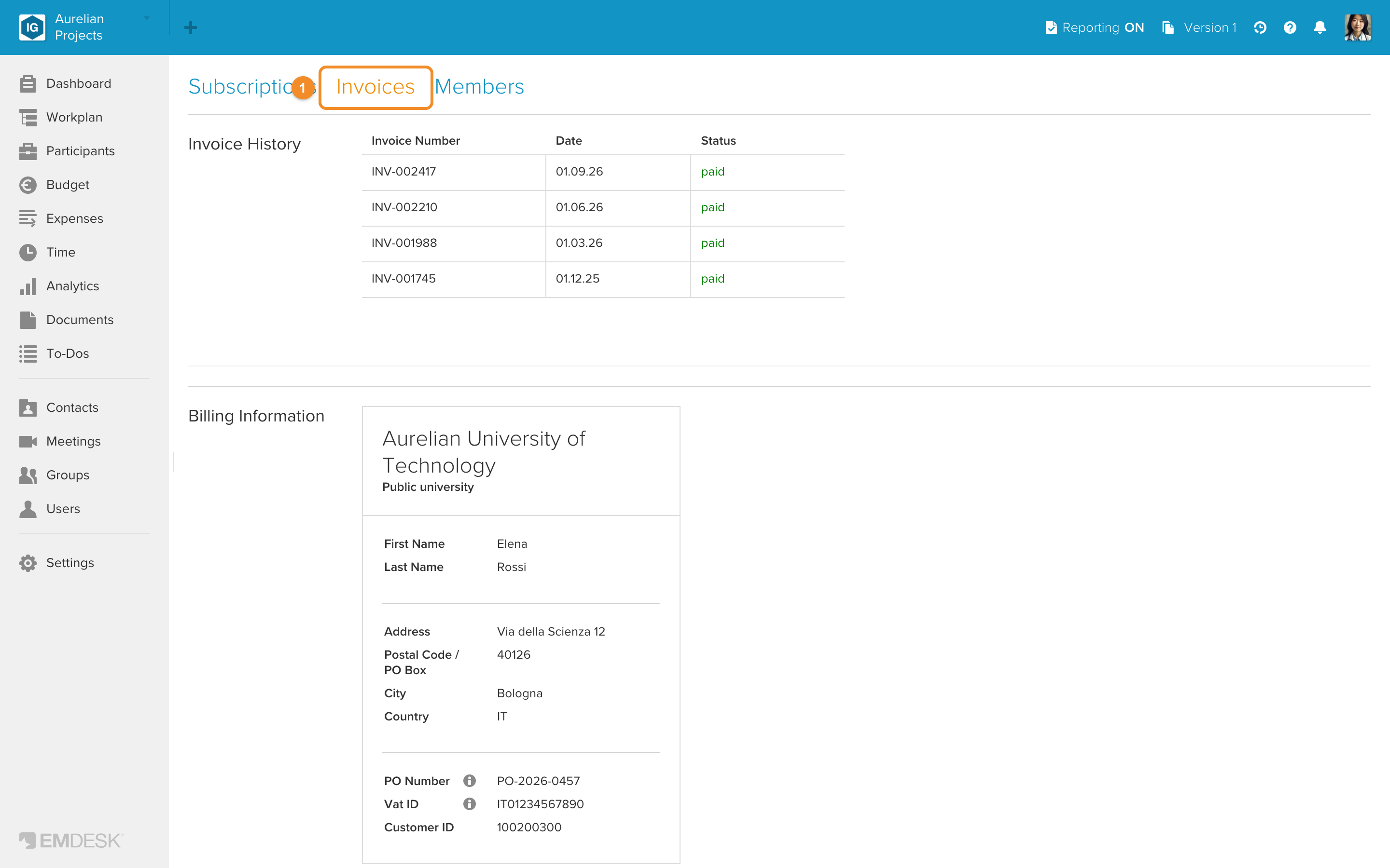 Invoice and billing information