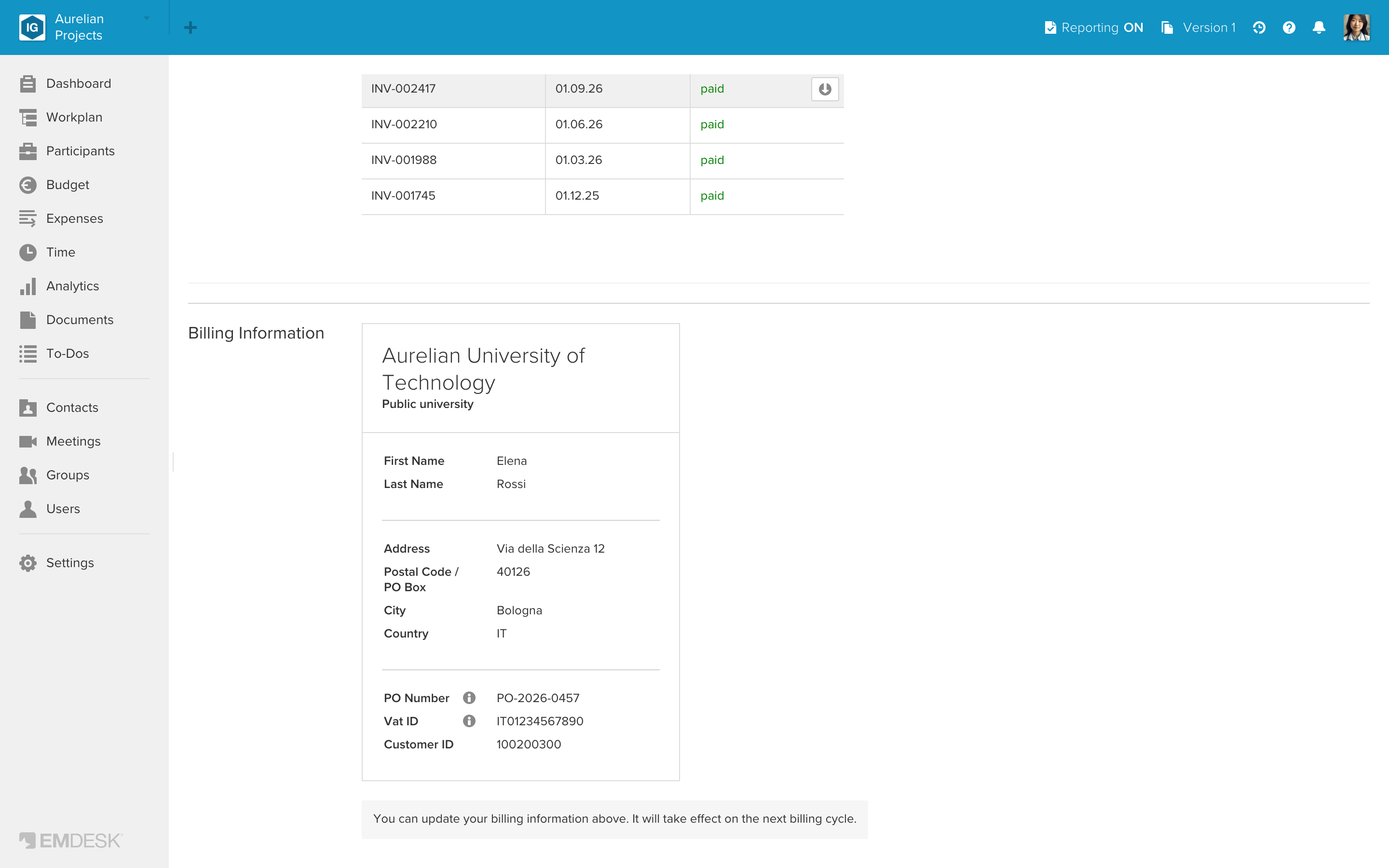 Invoice and billing information