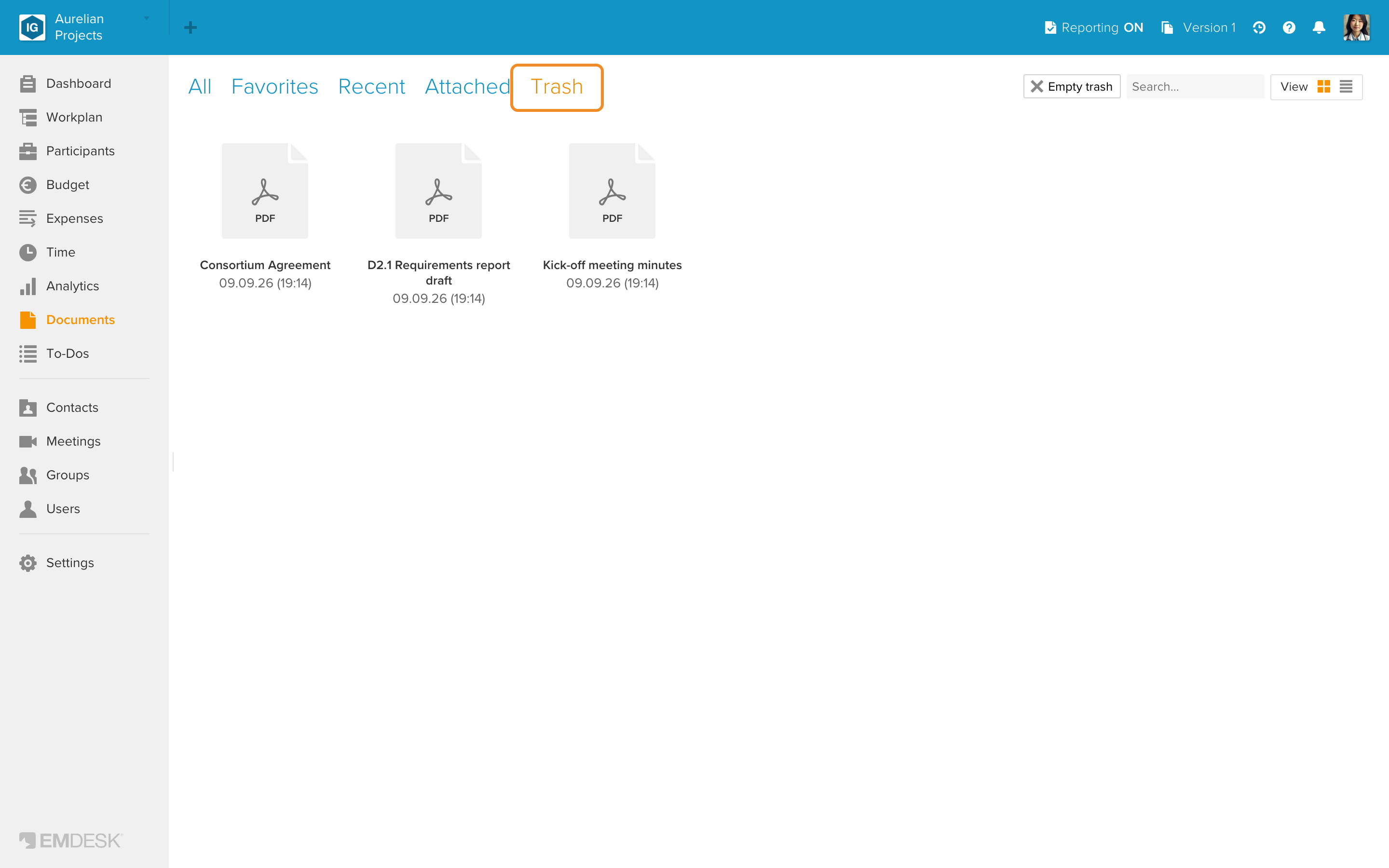 Restore documents, EMDocs, or folders from trash