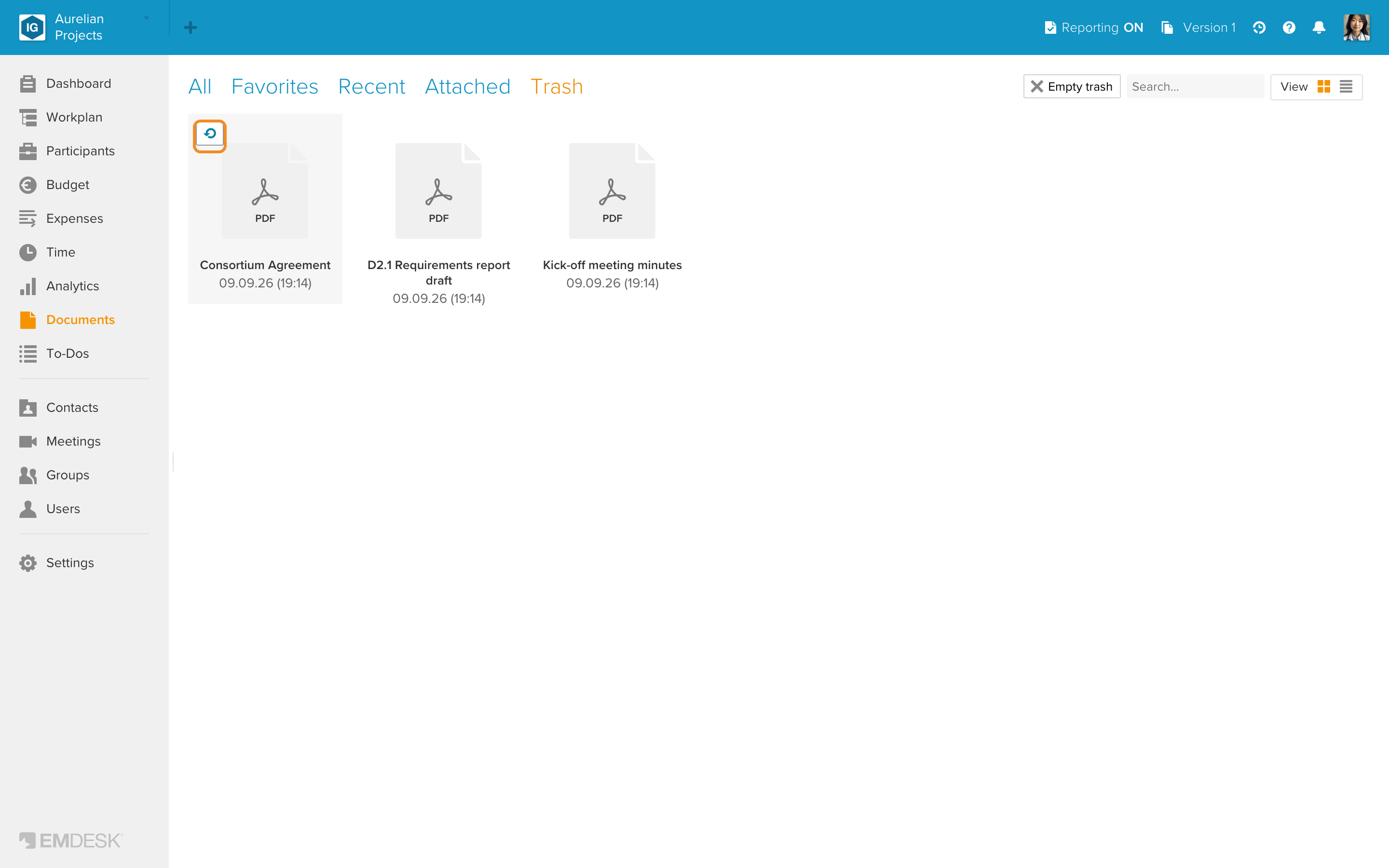 Restore documents, EMDocs, or folders from trash