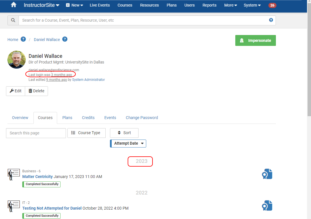 A user's Courses tab in InstructorSite showing the last login and course history