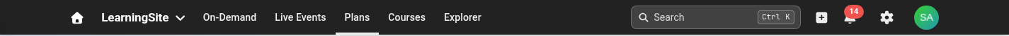 Refreshed top bar: the same menu items, with search, a plus button, a bell, a gear and an initials badge on the right