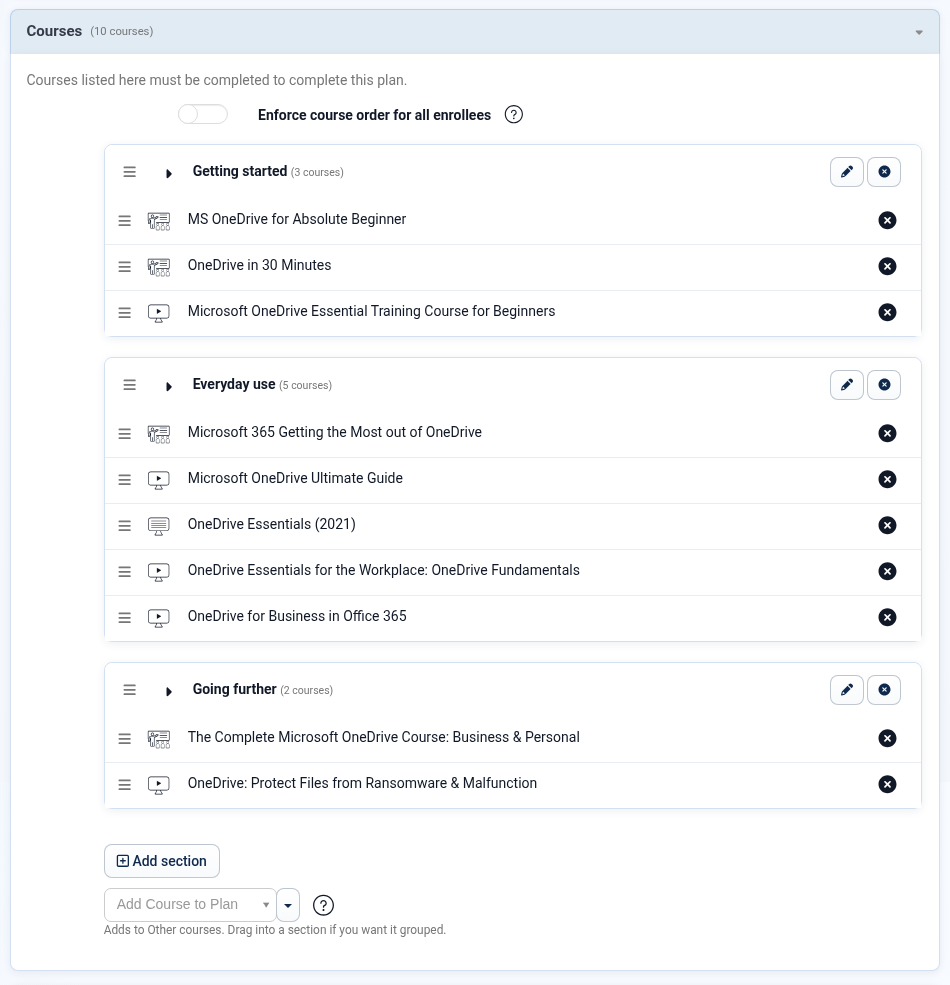 The Courses panel of the InstructorSite plan editor, showing three sections with edit and remove buttons, their courses, and an Add section button