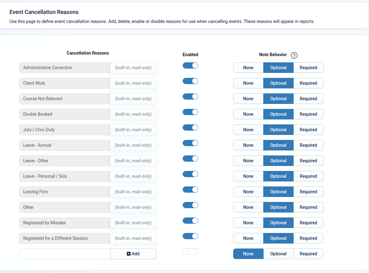 The Event Cancellation Reasons page in InstructorSite, listing twelve built-in reasons, each with an Enabled switch and a None, Optional or Required note setting, plus a row to add your own