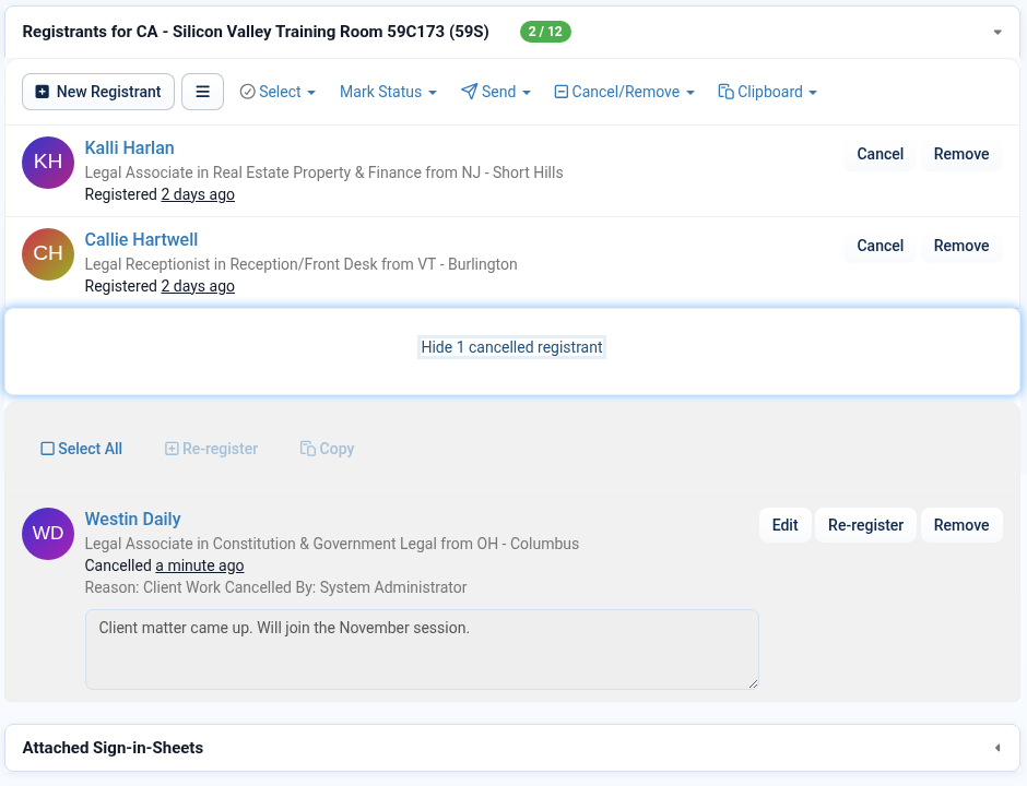 An event's registrants, with one registration shown under cancelled registrants with its reason, who cancelled it, a note, and Edit, Re-register and Remove buttons
