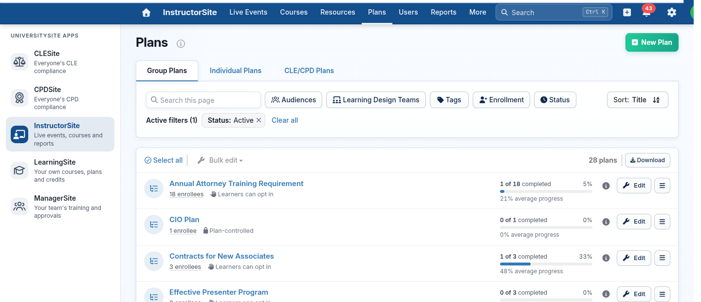 InstructorSite with the column of app icons opened on the left, showing CLESite, CPDSite, InstructorSite, LearningSite and ManagerSite with a line about each