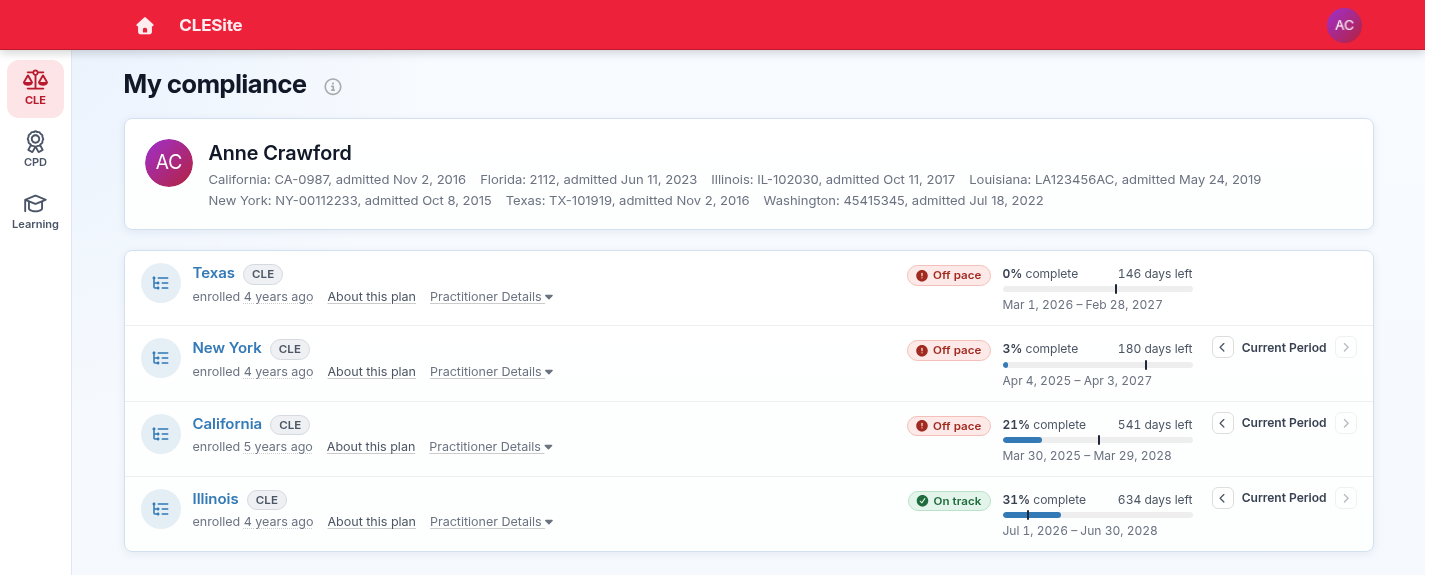 An attorney's My compliance page in CLESite: the app icons on the left, their bar admissions, and four CLE plans with progress, pace and days left