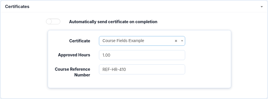 Certificates section of the course editor, with the template selected and two course-specific fields below it