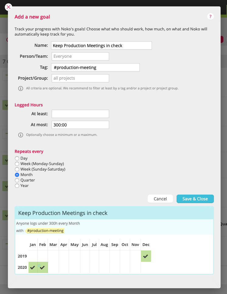 Screenshot of goals form, filled out