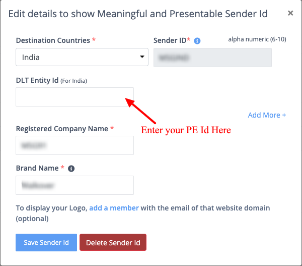 Map your DLT Entity (PE) Id with DLT approved Header (Sender Id