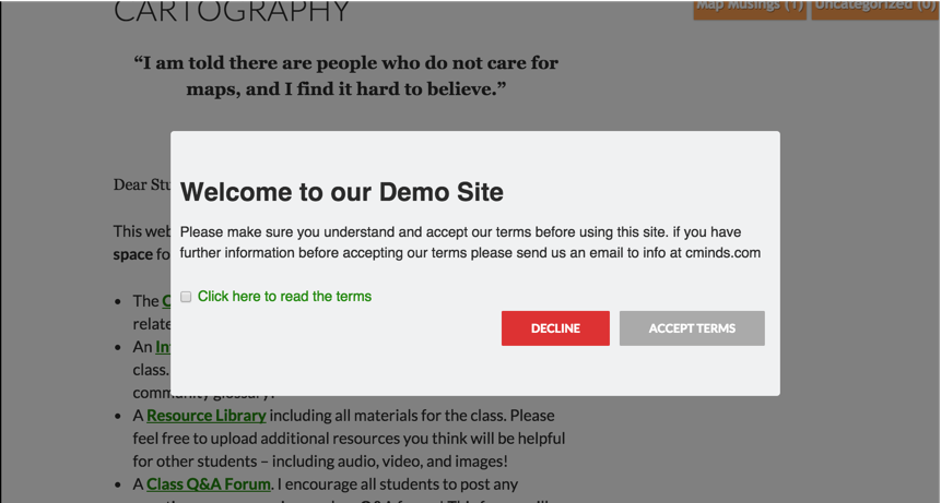 Front-end example of the disclaimer message - Disclaimer Plugin WordPress