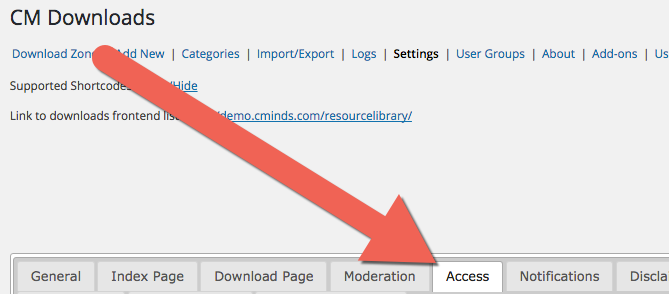 Access settings tab - WordPress Customer Area