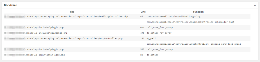 Backtrace example - SMTP WP Plugin