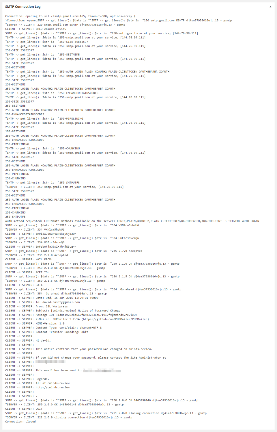 Example of the log string - SMTP Gateway Service