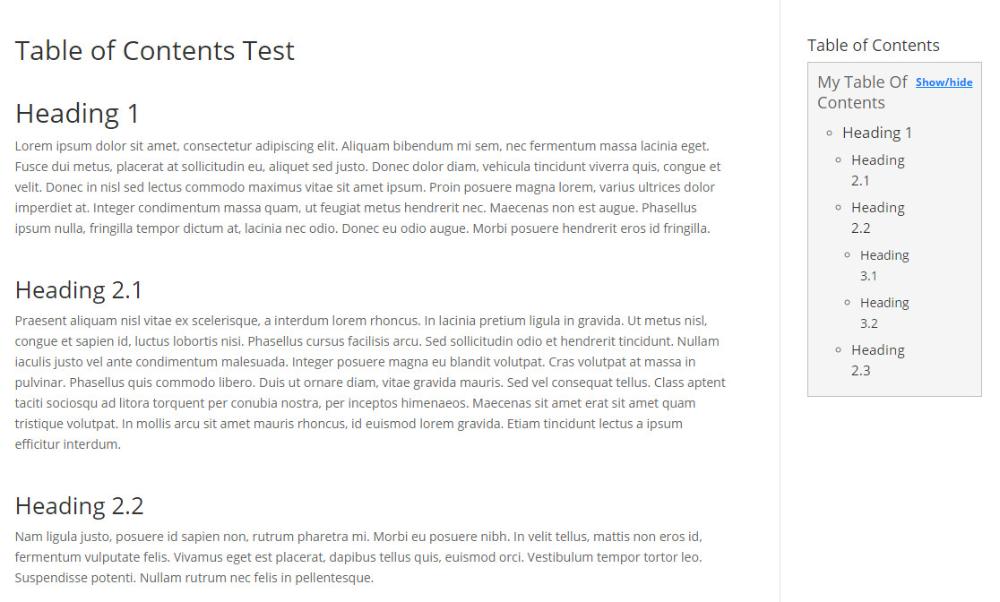 Front-end view of post with Table of Contents as widget - WordPress TOC Plugin