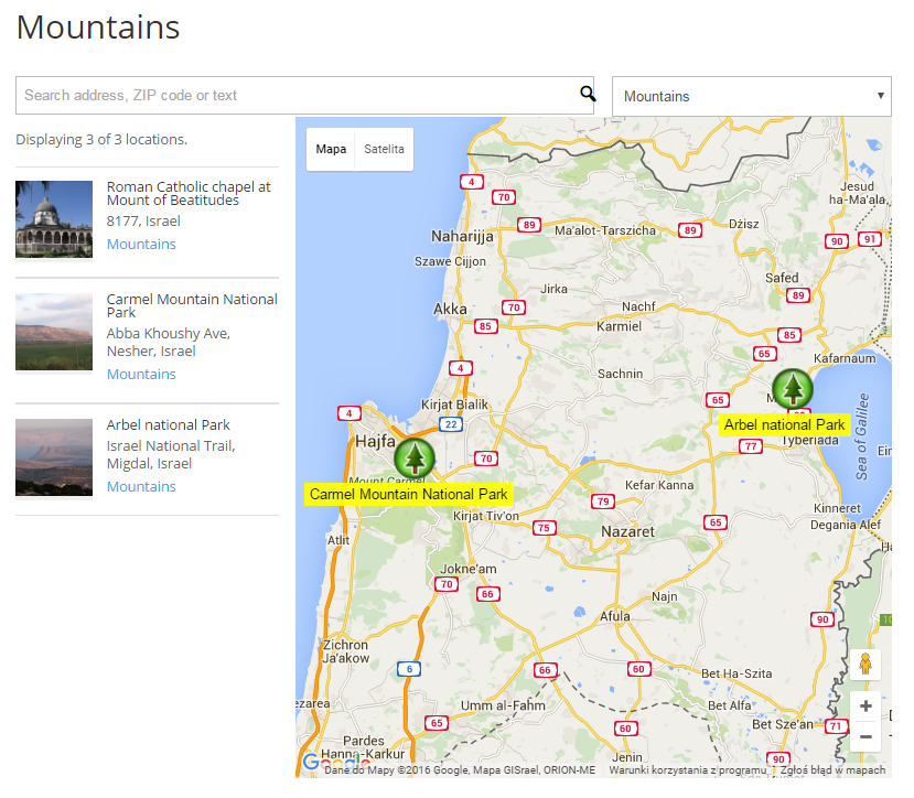 Example of displaying locations filtered by a category 'Mountains' - Store Locator WordPress Plugin