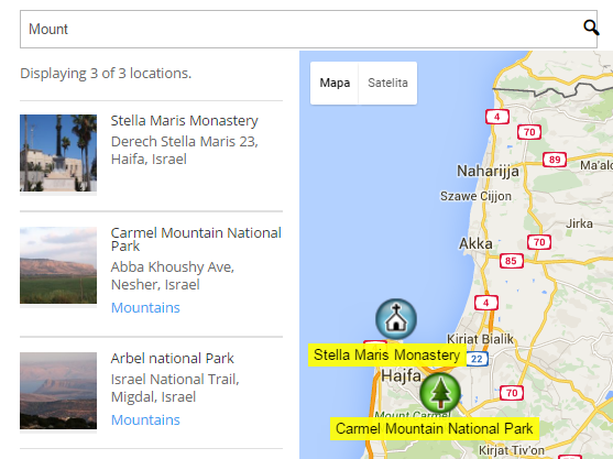 Example of the search result - WordPress Interactive Map Plugin