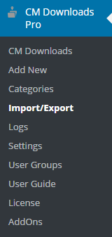 Navigation to the Import/Export dashboard - File Manager Plugin for WordPress