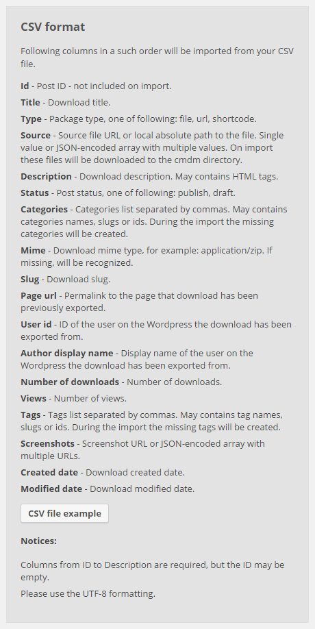 CSV format notes - WordPress Document Management