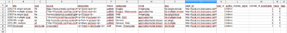 Example of the CSV file - File Manager WordPress