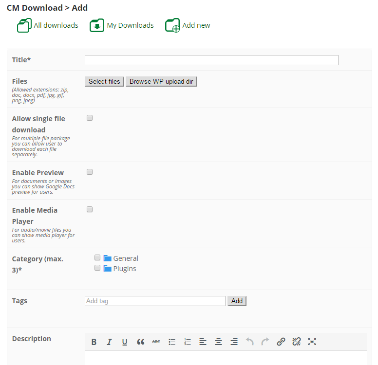 The form for creating new downloads - File Manager Plugin for WordPress