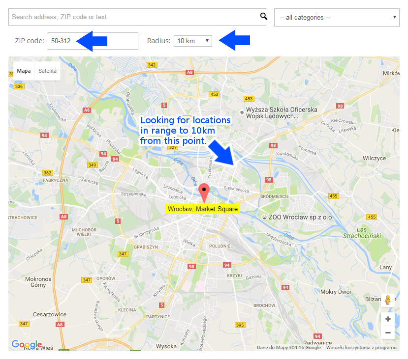 Searching locations by ZIP codes and radius - Google Maps WordPress Plugin