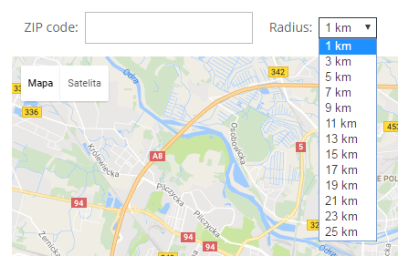 Example of the radius values from 1 to 25 with the step 2 - Store Locator WordPress Plugin