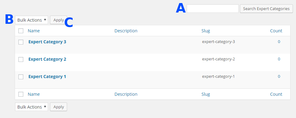 Table with created categories - WordPress Members Directory