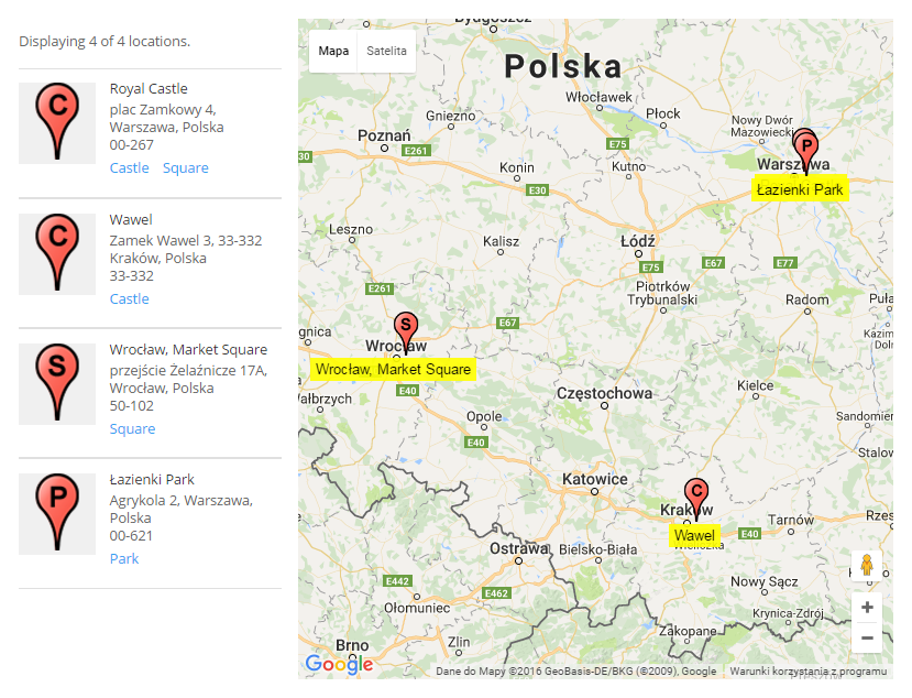 Examples of locations with different category markers - Google Maps WordPress Plugin