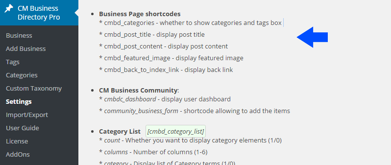 Shortcodes for using on business page - Business Directory WordPress