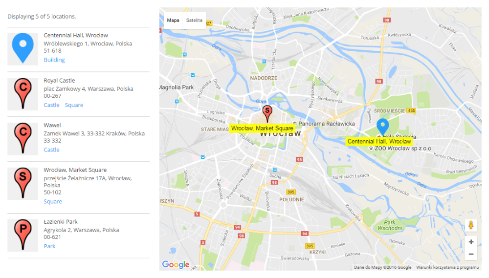 Example of the location with the custom icon on the front-end - Google Maps WordPress Plugin