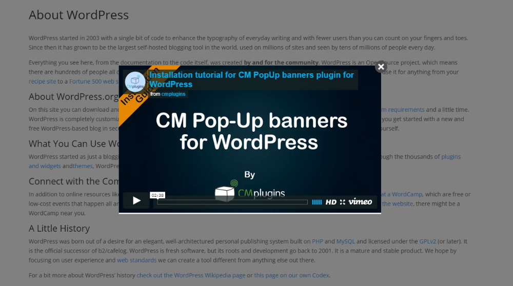 Example of a video popup - WordPress Plugin Popup